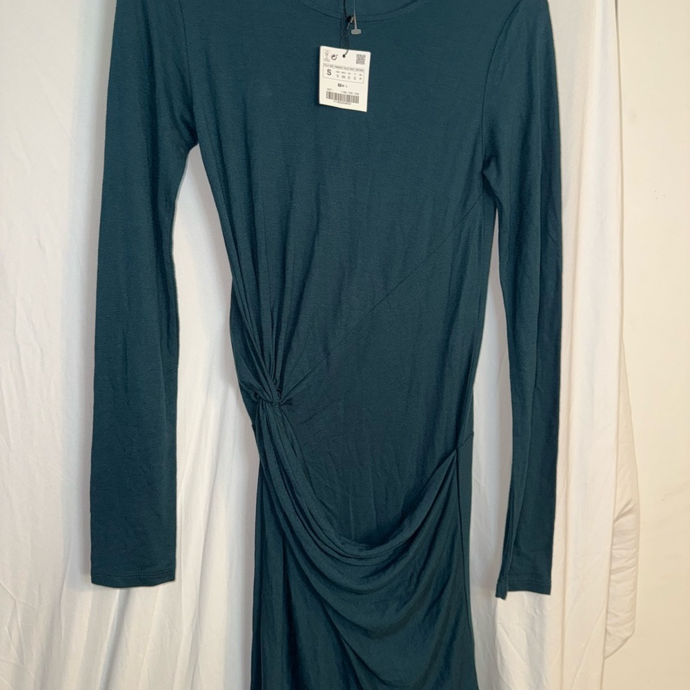 Zara Women’s Dress Small NWT | Teal Rouched Women’s Long Sleeve Dress - Picture 4 of 11